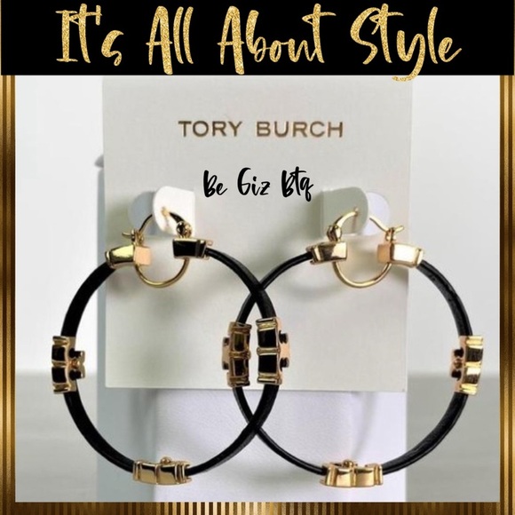 🆕 Authentic Tory Burch Gold Black Serif T & Leather Hoop Earrings - Picture 4 of 7
